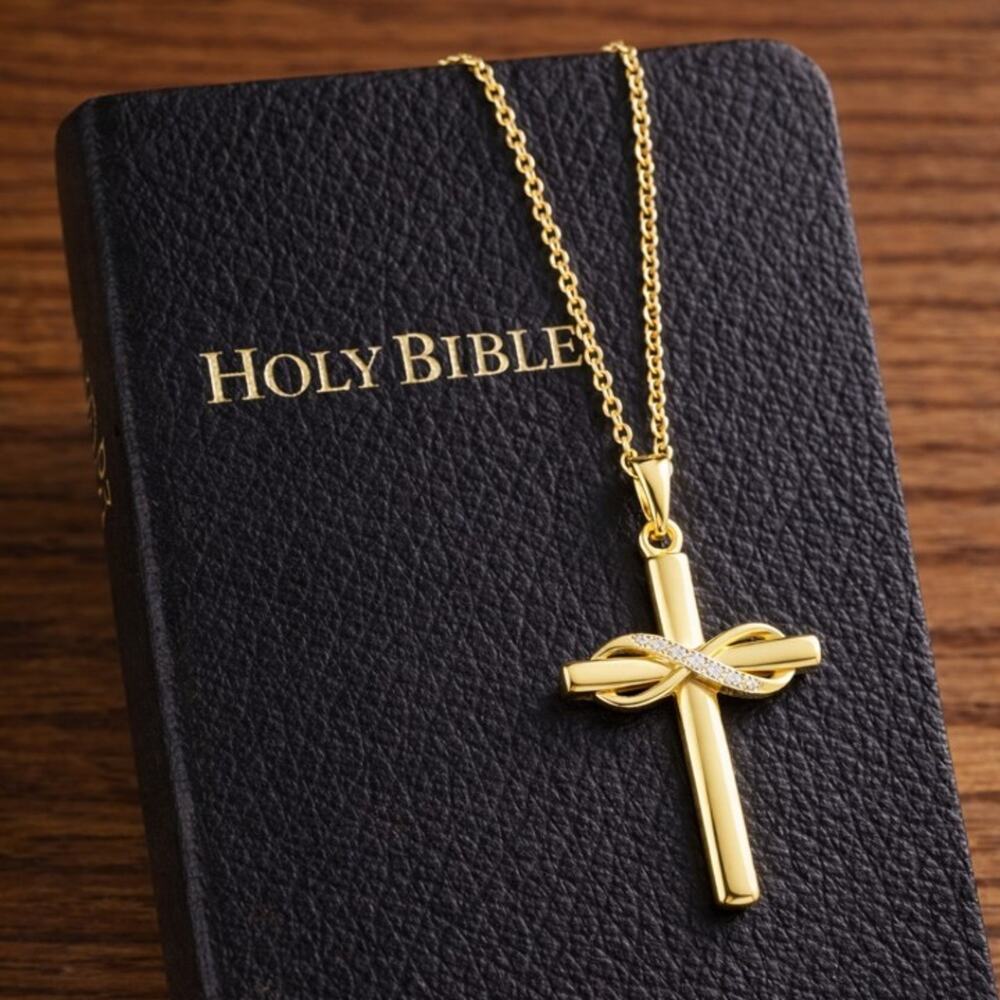 Gold Tone CZ Infinity Cross Necklace Women's Valentine's Anniversary Faith Gift